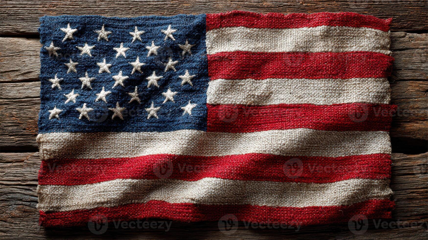 Vintage American flag with rustic texture displayed on weathered wooden surface photo