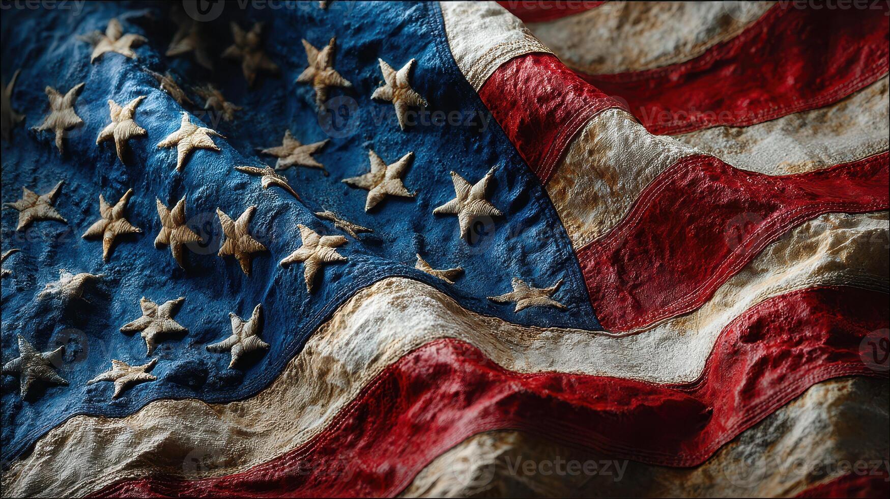 Waving fabric of the American flag captures details of stars and stripes in vivid colors and textures on a clear day photo