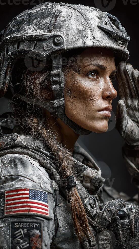 Female soldier in tactical gear salutes with determination during a military training exercise at dusk photo