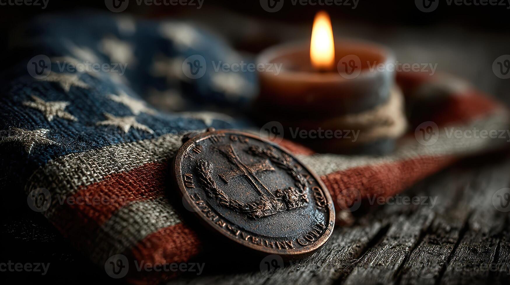 Souvenir medal displayed on an American flag with a lit candle in a rustic setting photo