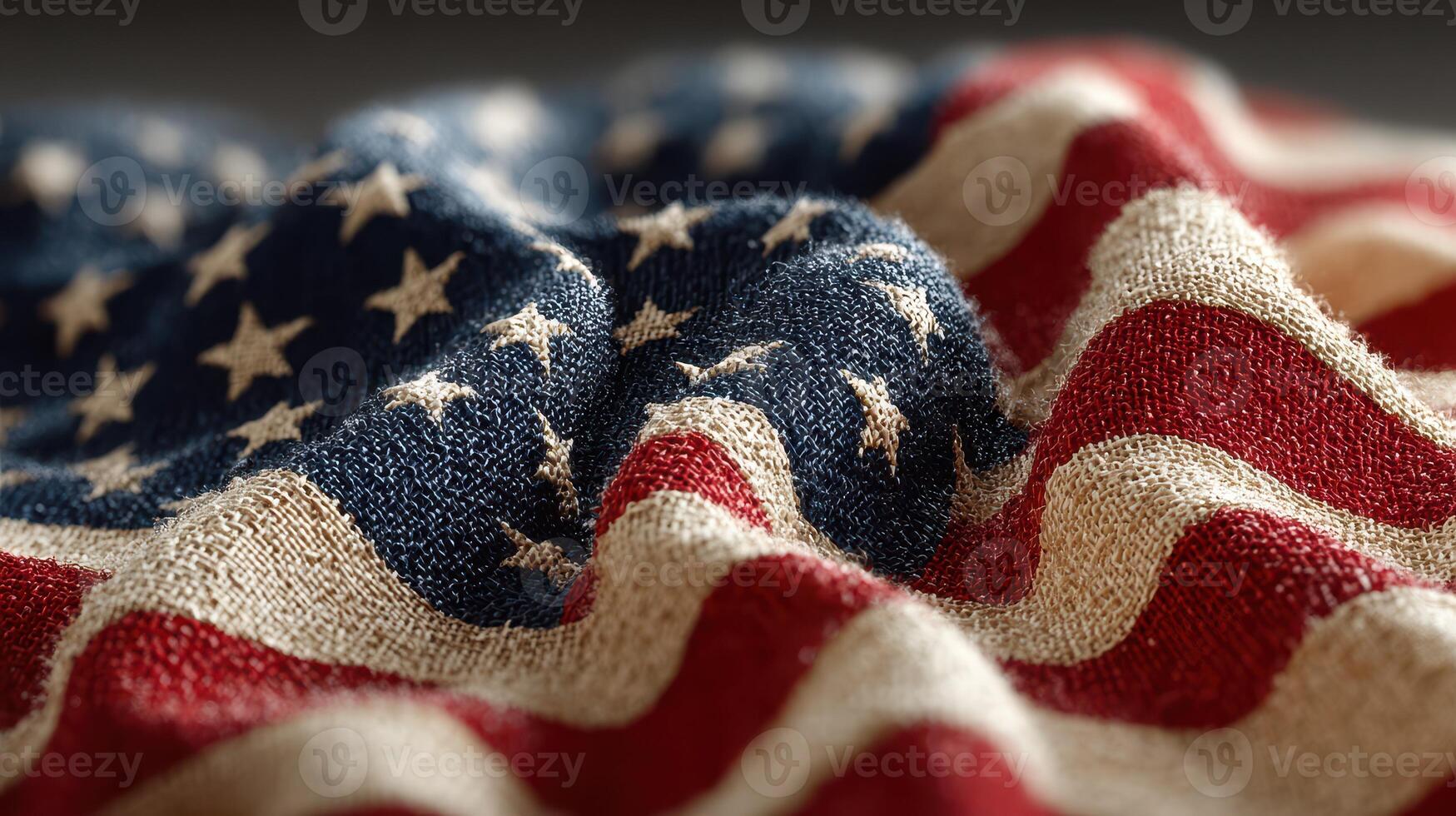 Waving textile with stars and stripes, representing national pride in a close-up view showing intricate fabric details photo