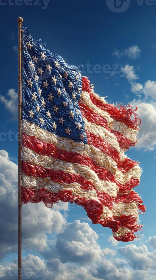 Waving American flag against a blue sky with fluffy clouds in the background creating a patriotic atmosphere photo