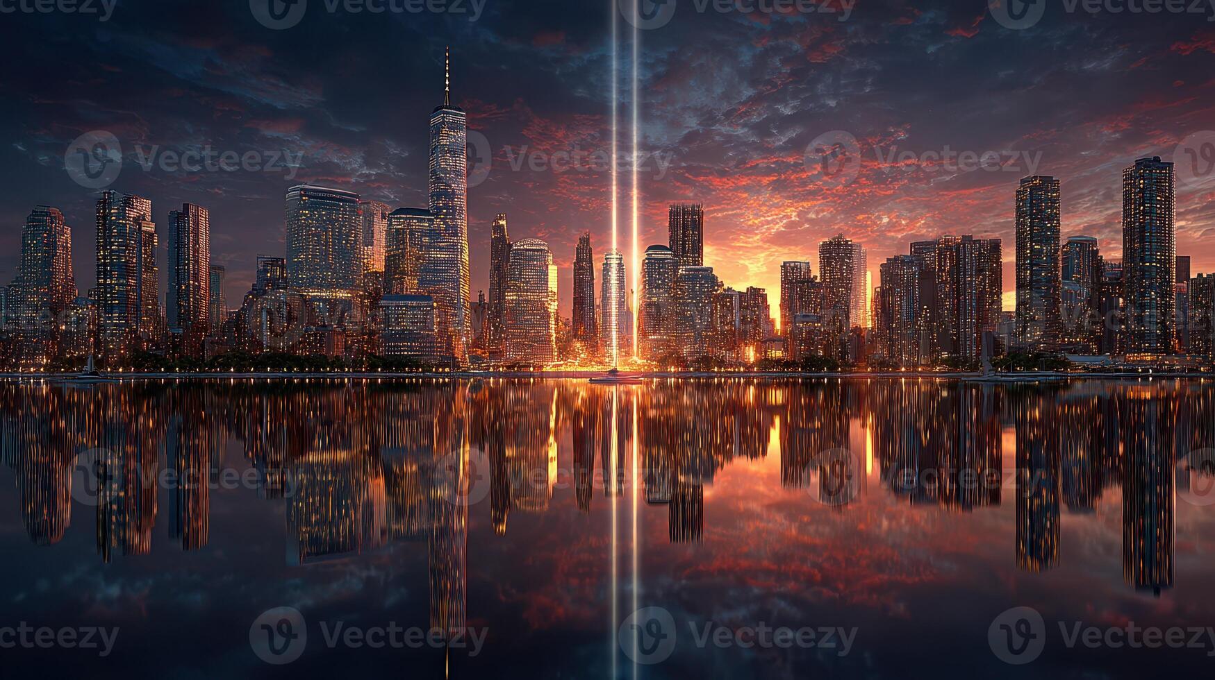 City skyline at dusk reflecting shimmering lights with beams reaching into the sky photo