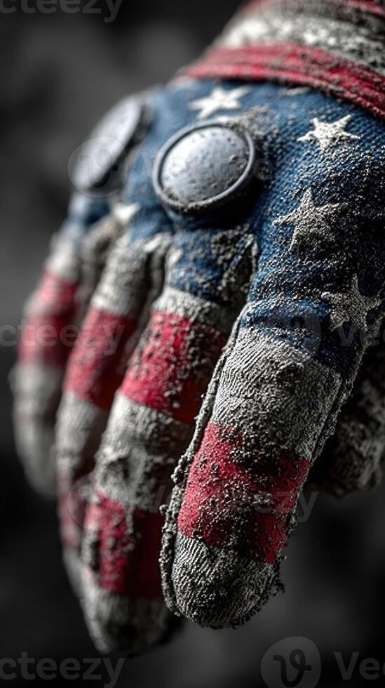 Weathered work glove adorned with American flag design captures the spirit of hard work and patriotism photo