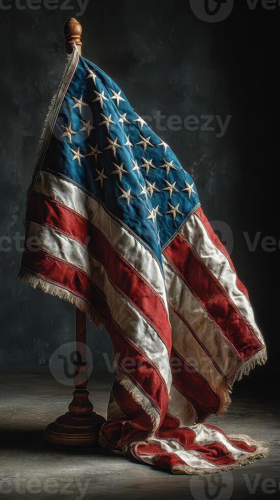 Historic American flag displayed against a dark background in a quiet setting capturing a sense of patriotism and history photo