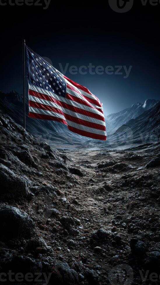 Flag standing on the moon's surface under a dark sky highlighting the alien landscape and majestic mountains in the background photo