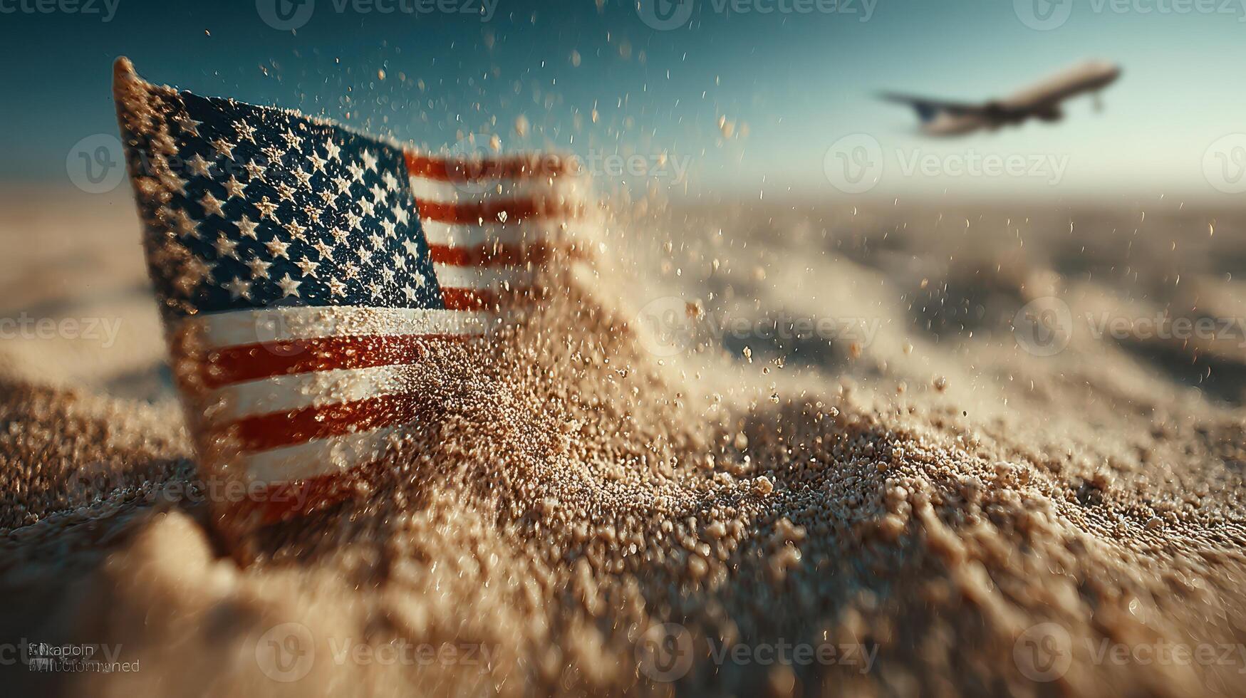 Flag in the sand with airplane flying overhead at a beach during sunset photo