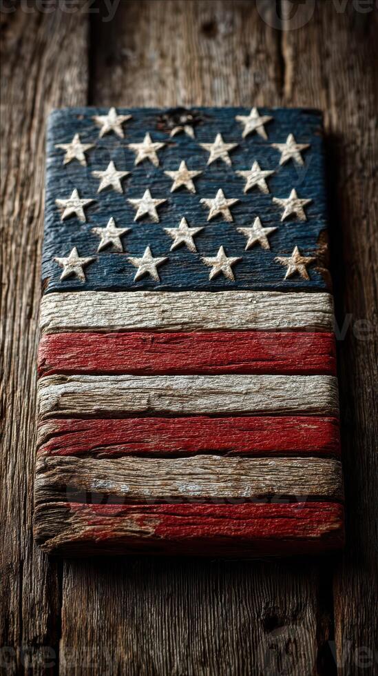 Crafted wooden American flag art piece displayed on rustic wooden surface showcasing craftsmanship and patriotic spirit photo