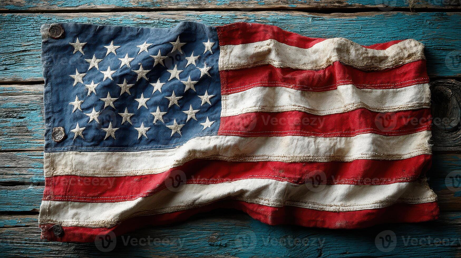 Waving American flag on weathered wooden surface showcasing patriotic colors and texture details photo