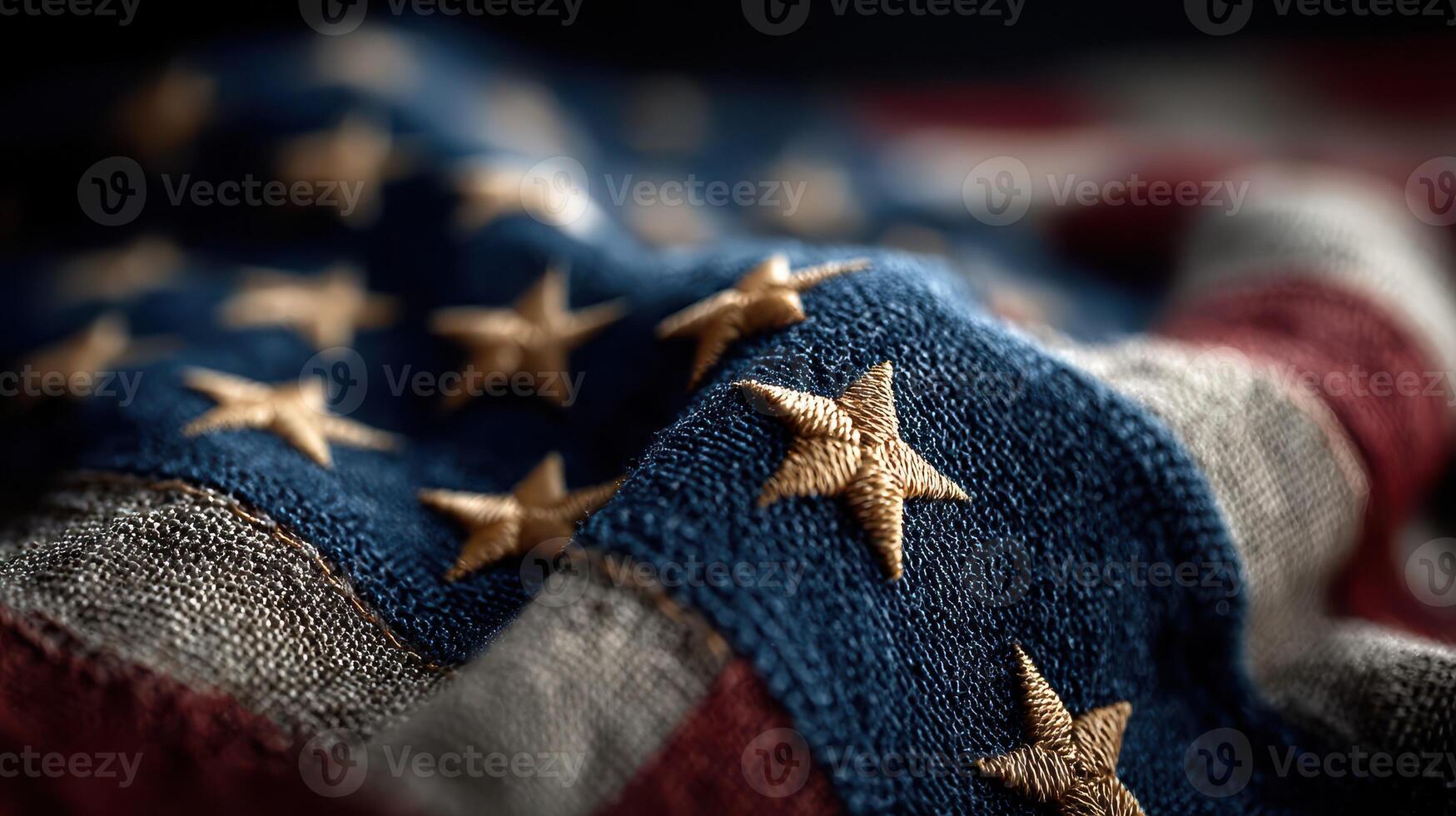 Close-up view of an American flag showcasing intricate stitching details on fabric, highlighting national pride and craftsmanship photo