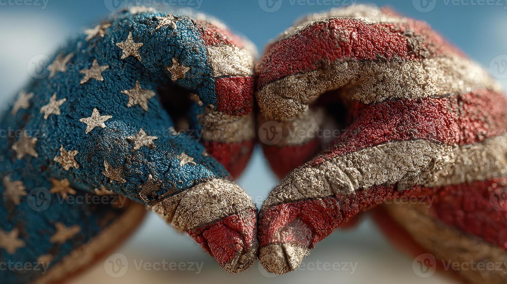 Two hands covered in American flag colors forming a heart shape against a blue sky backdrop photo