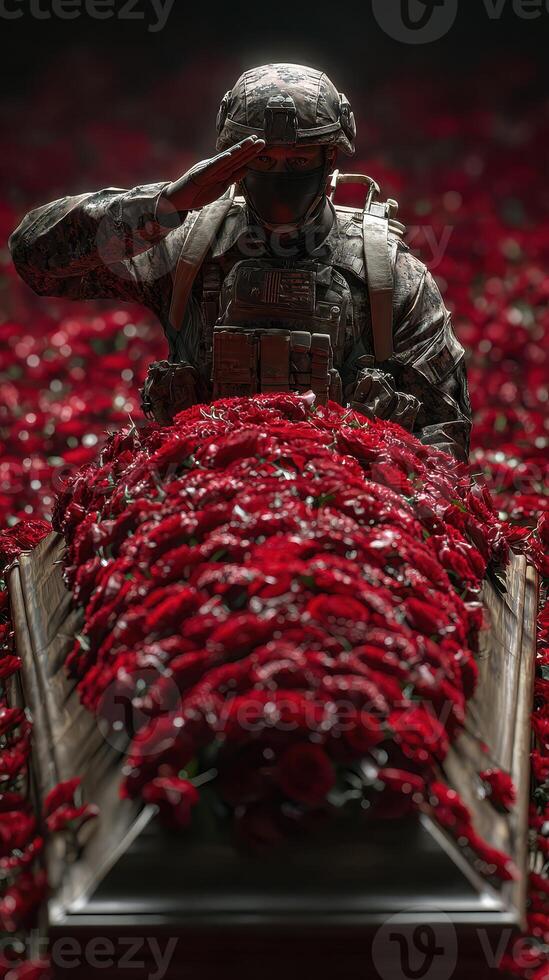 Soldier paying respect at a memorial surrounded by red roses in a solemn and reflective atmosphere photo