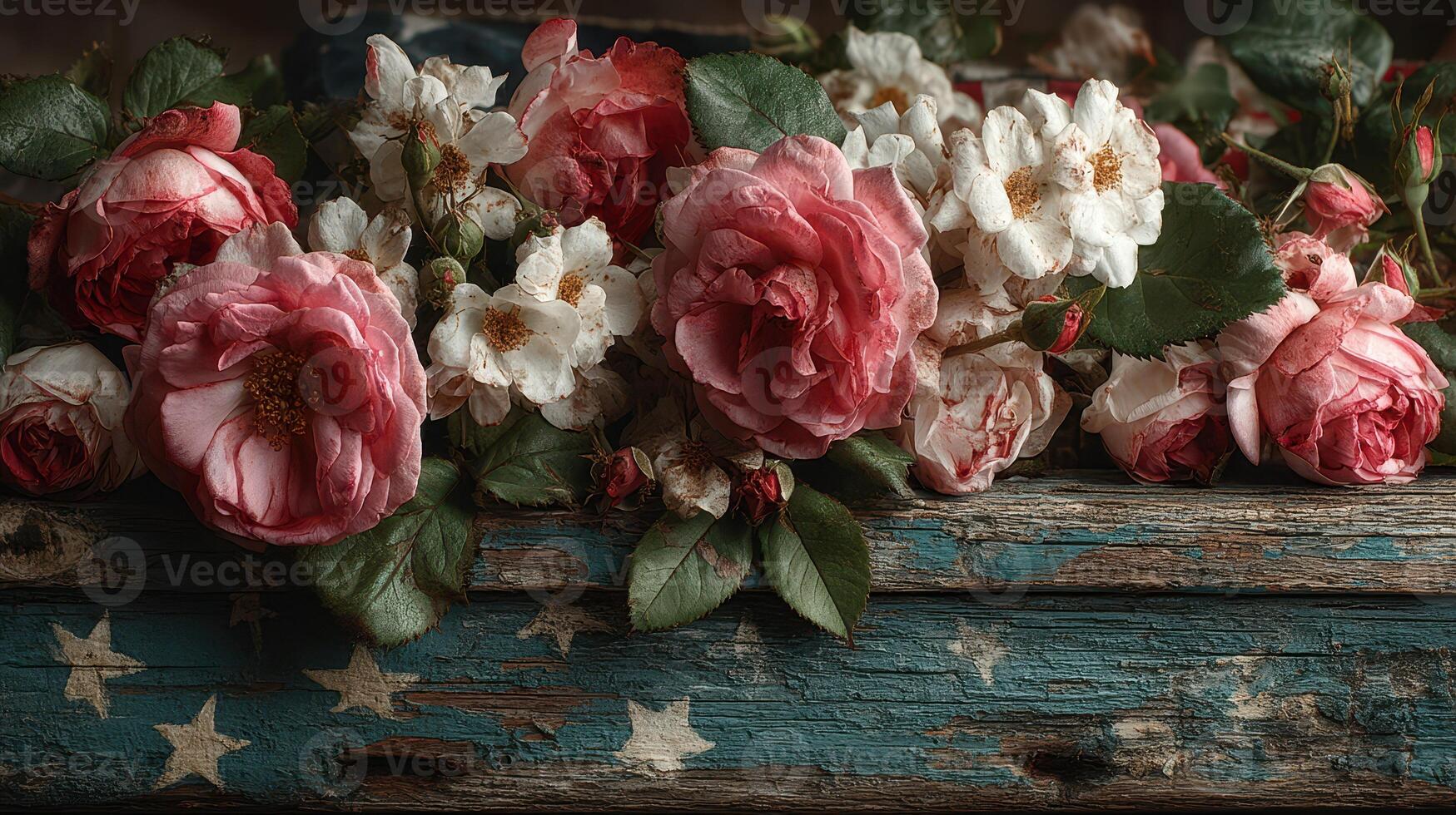 Beautiful arrangement of roses and flowers on a weathered blue wooden surface with a star motif photo