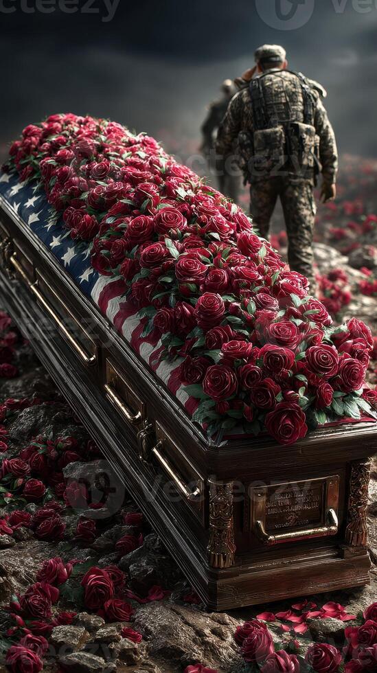 Military tribute honors a fallen hero with a casket draped in roses and an American flag in a solemn setting photo