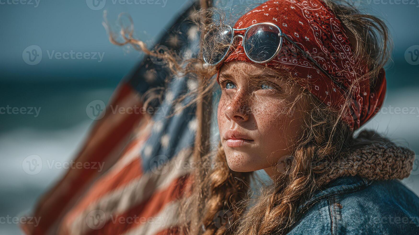 Young girl with freckles holds American flag on beach during sunny day with ocean in the background photo