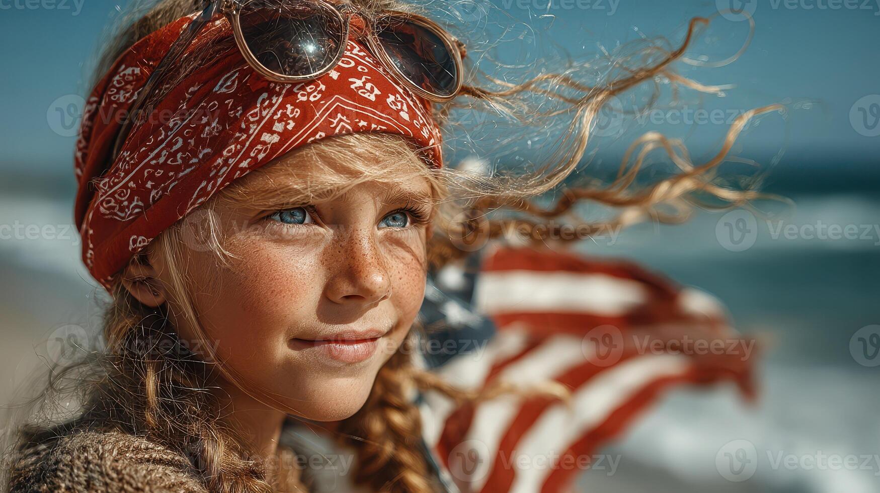 Young girl with sunglasses and a bandana smiles at the beach while holding an American flag on a sunny day photo