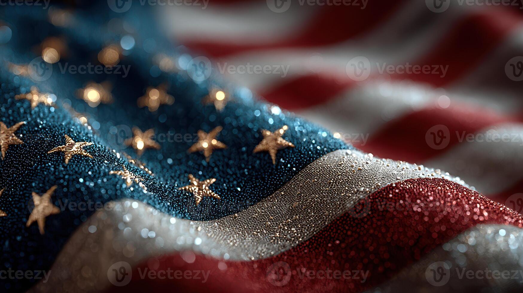 Close-up view of wet American flag with droplets sparkling under light during a patriotic celebration photo