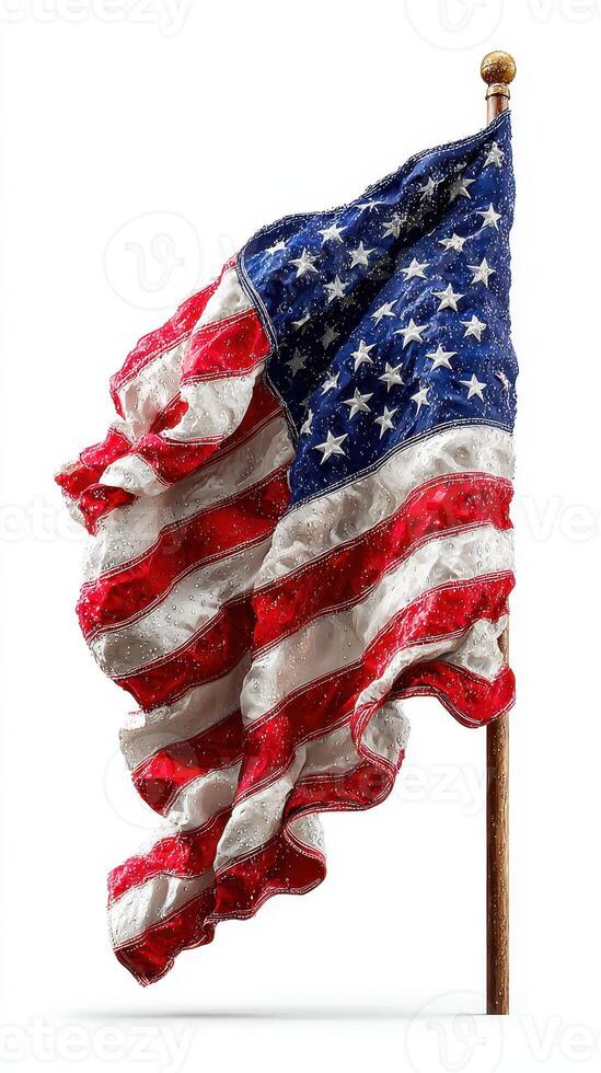 American flag waving proudly on a wooden pole, symbolizing patriotism and national pride, captured in vibrant colors and intricate details photo
