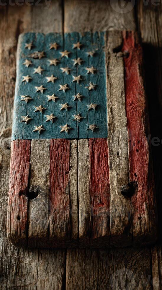 Vintage wooden American flag hanging on a rustic background showcasing detailed craftsmanship photo