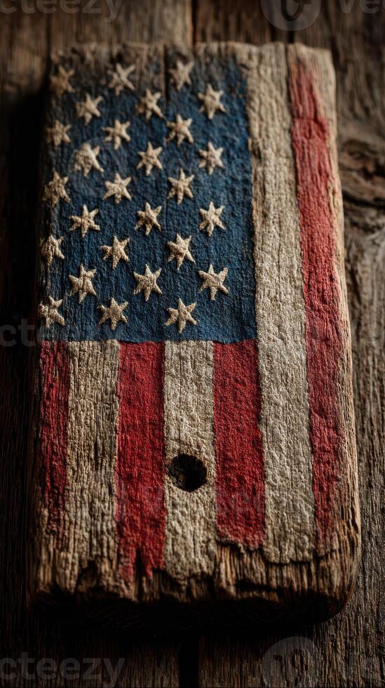 Wooden plaque displaying an ancient American flag design on rustic wooden background photo