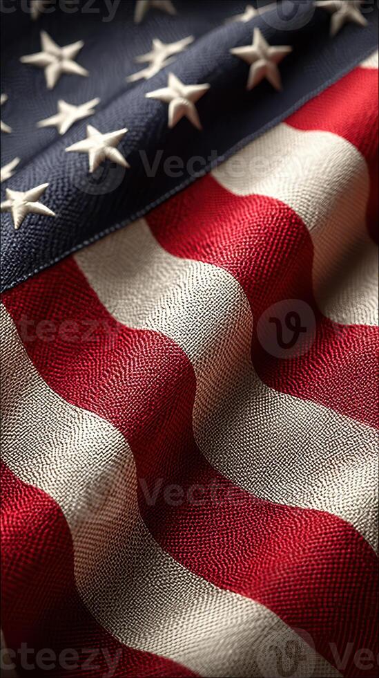 Detailed close-up of a waving American flag showcasing vibrant colors and textures on fabric photo
