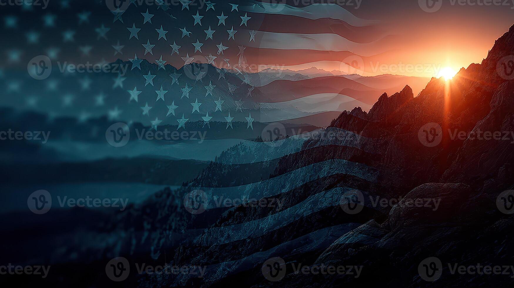Sunrise over mountains with a flag motif symbolizing patriotism and freedom in the early morning light photo