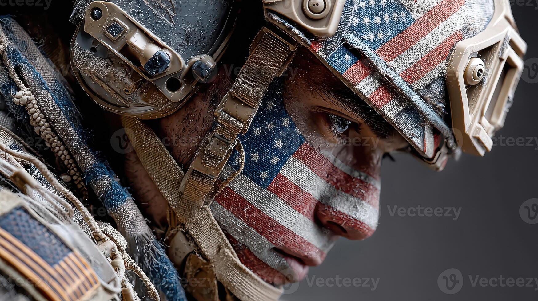 Soldier displays pride with American flag face paint during training exercise in rugged terrain photo