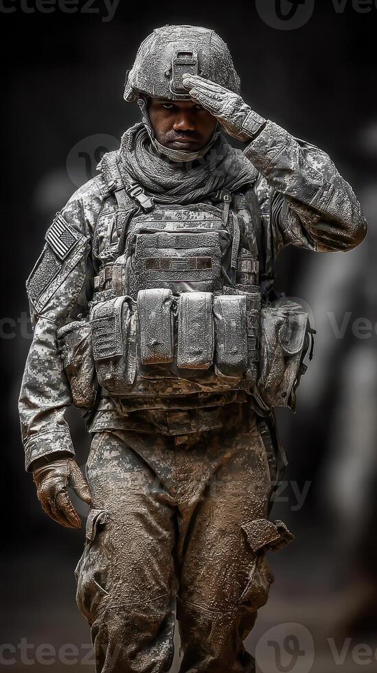 Soldier saluting while wearing military gear in training or deployment setting photo