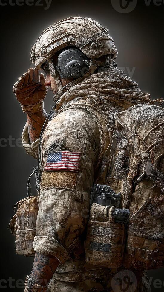 Soldier in tactical gear saluting with American flag patch, showcasing military pride and dedication during a deployment preparation photo