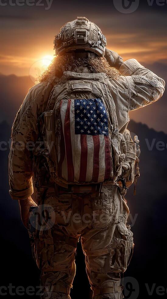 Soldier saluting with American flag backpack at sunset in mountainous terrain photo
