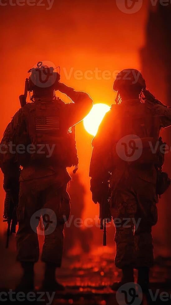Soldiers salute at sunset, honoring comrades in shadowy silhouette against an orange sky photo