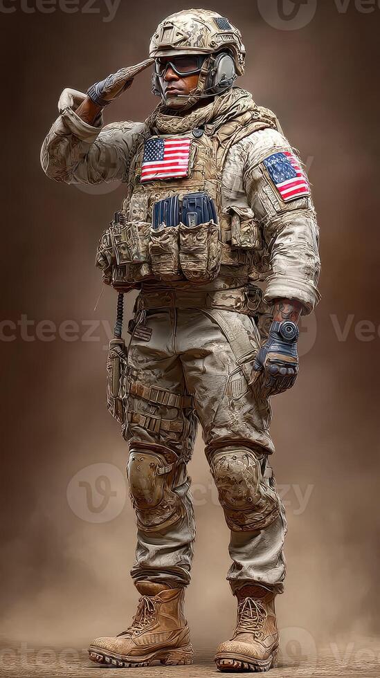Soldier in military uniform saluting with American flags displayed at a desert training ground photo