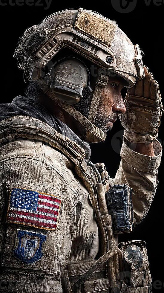 Soldier saluting with military gear, showcasing dedication and honor in a dramatic pose photo