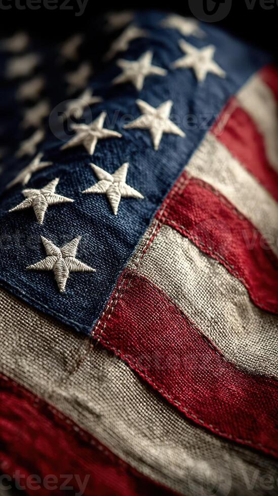 Detailed view of an American flag with vibrant colors and distinct textures in a close-up shot photo