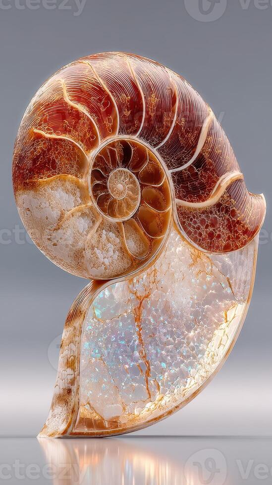 Unique fossilized nautilus shell showcasing intricate patterns and colors against a smooth background photo