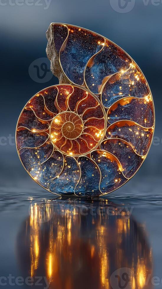Swirling lights in a nautilus shell reflect cosmic beauty at dawn by the ocean photo