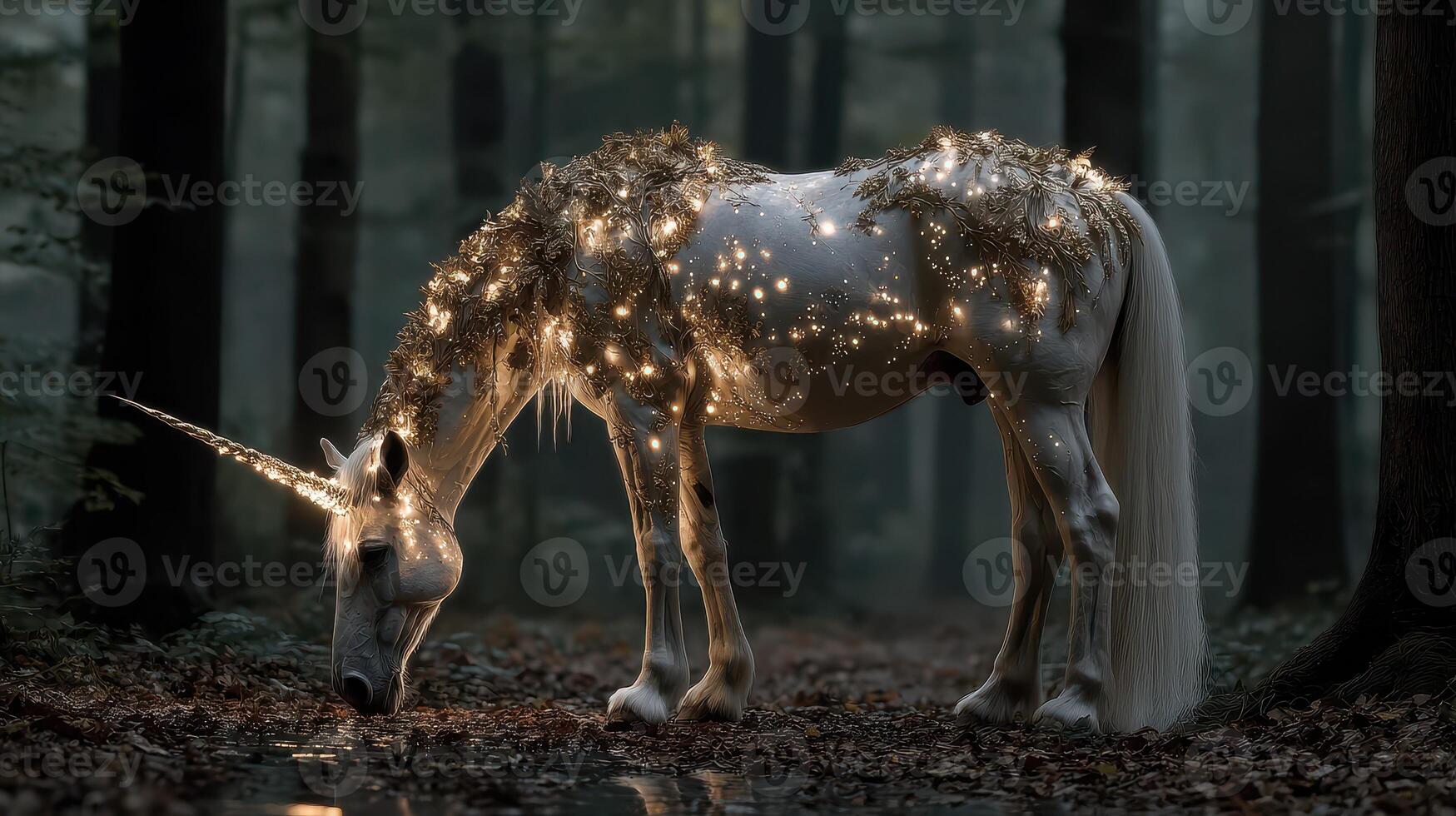 Magical unicorn with glowing lights in a mystical forest at dusk drinking from a stream photo