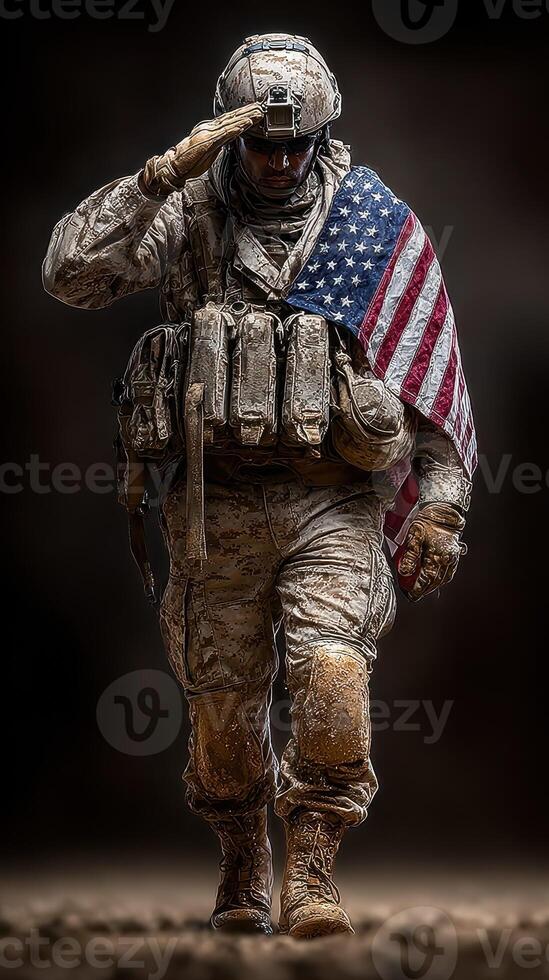 Soldier saluting with American flag during military ceremony at dusk in a solemn atmosphere photo