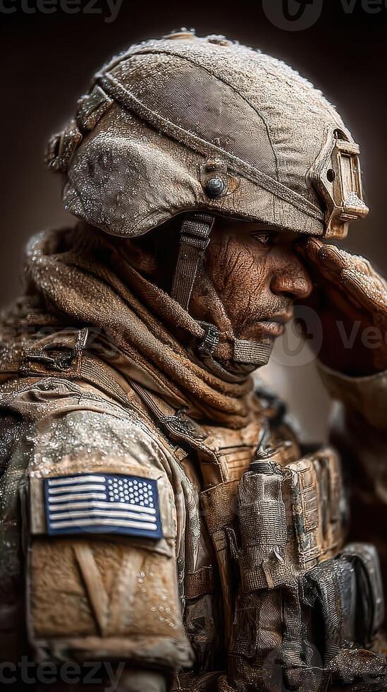 US soldier saluting with respect during a snowy deployment in a rugged environment photo