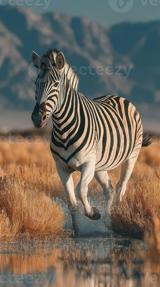 Zebra running through shallow water in a golden grassland at sunset with mountains in the background photo