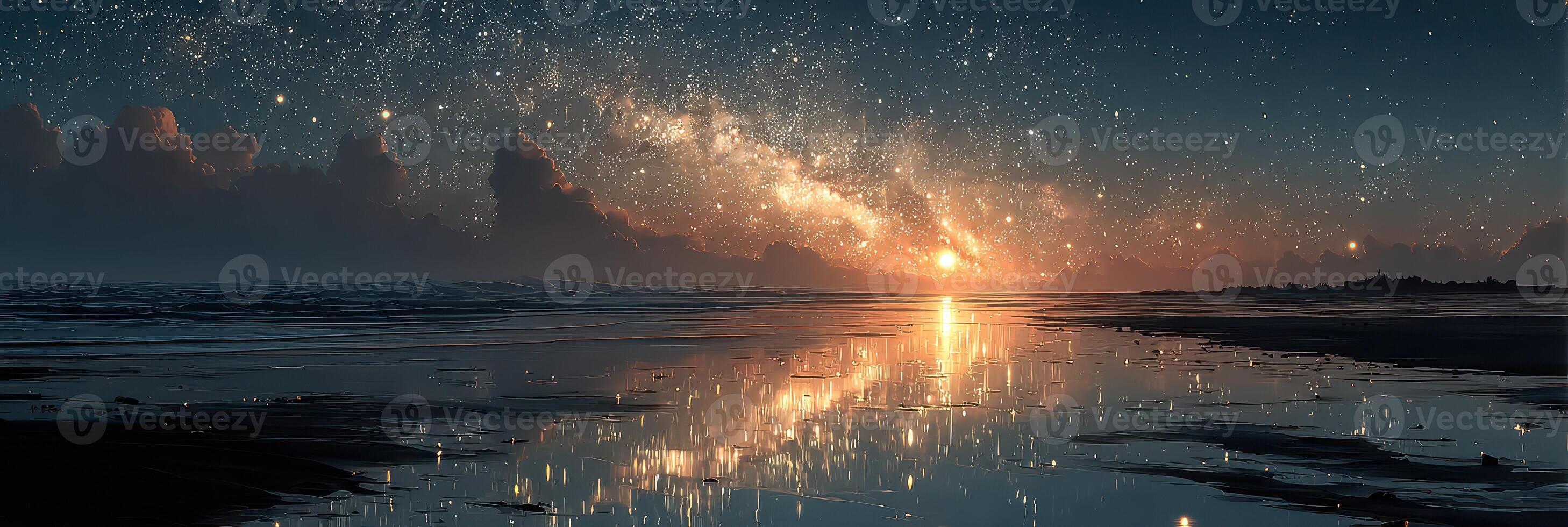 Night sky over calm ocean reflects the Milky Way in a breathtaking celestial view along the shoreline photo