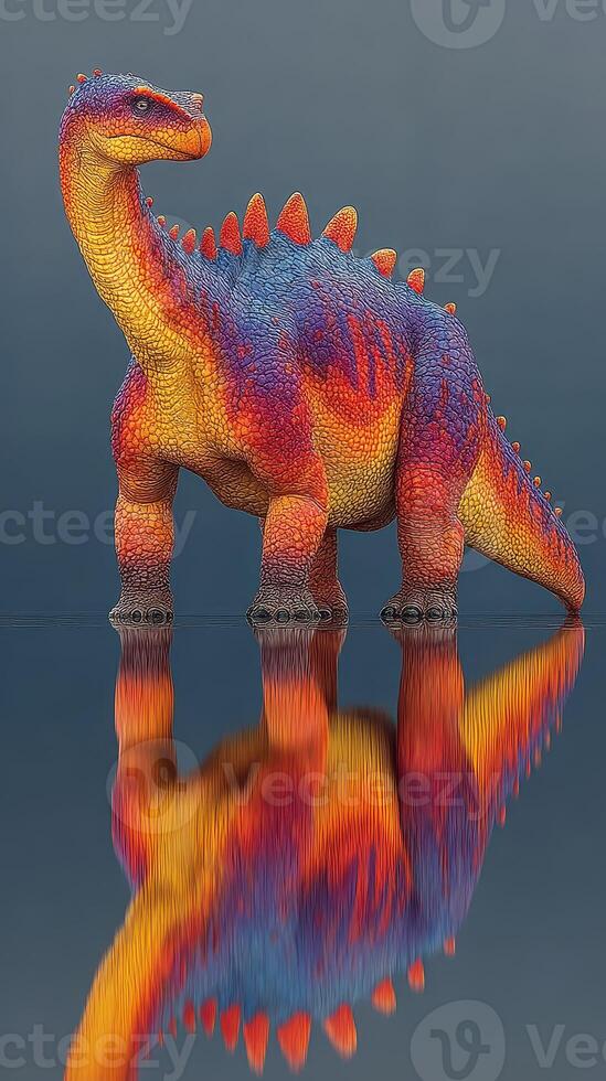 Colorful dinosaur sculpture reflecting on water in a studio setting during daylight photo