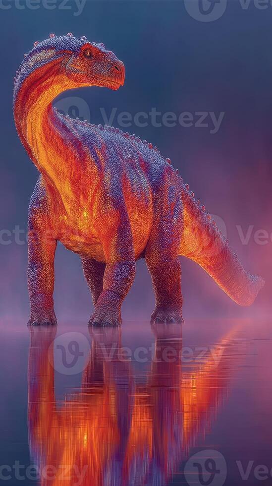 Dinosaur stands majestically in misty landscape with glowing colors and reflections at twilight photo