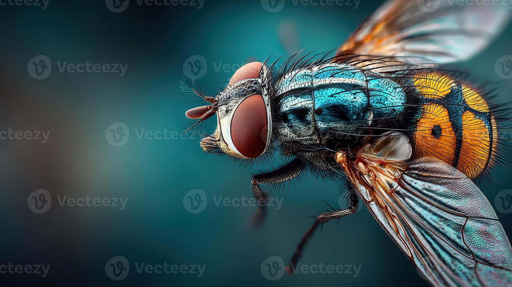 Vibrant close-up of a colorful fly showcasing intricate wing patterns and eye detail against a soft blue background photo