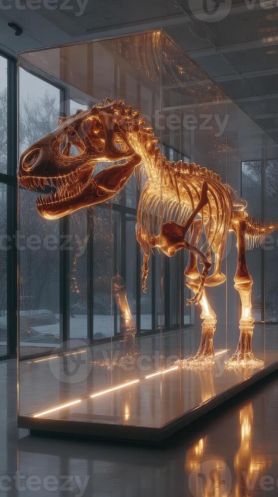 Museum exhibit features illuminated dinosaur skeleton in modern glass display during winter afternoon photo