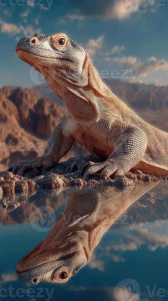 Lizard basking on a rock by a calm lake surrounded by mountains during a sunny day photo