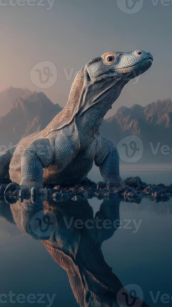 Komodo dragon rests by tranquil water with mountains in the background at dawn photo