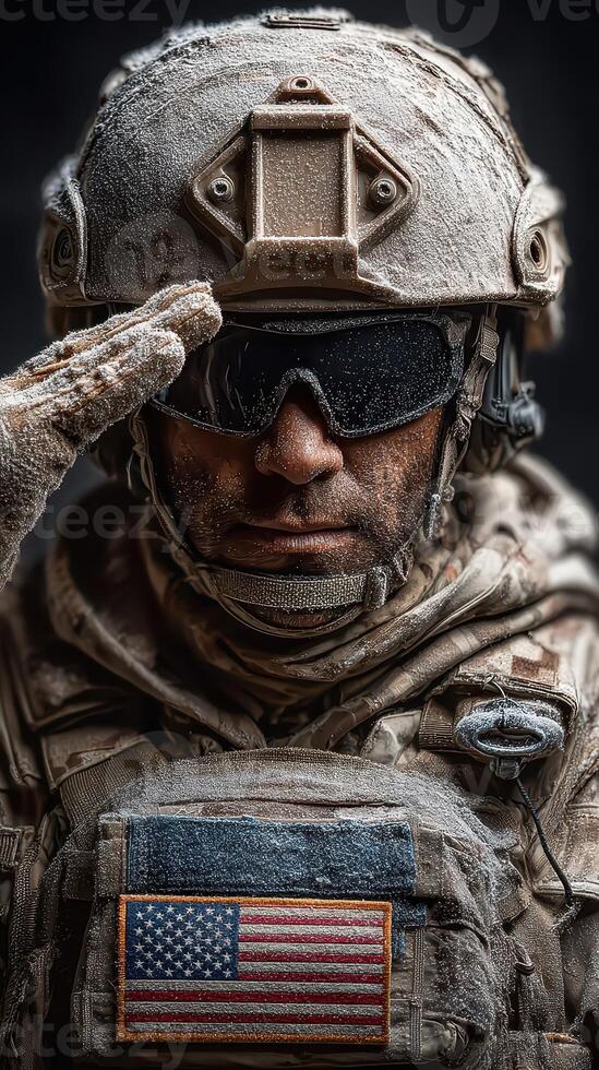 Soldier in tactical gear salutes while covered in frost during winter training exercise in remote location photo