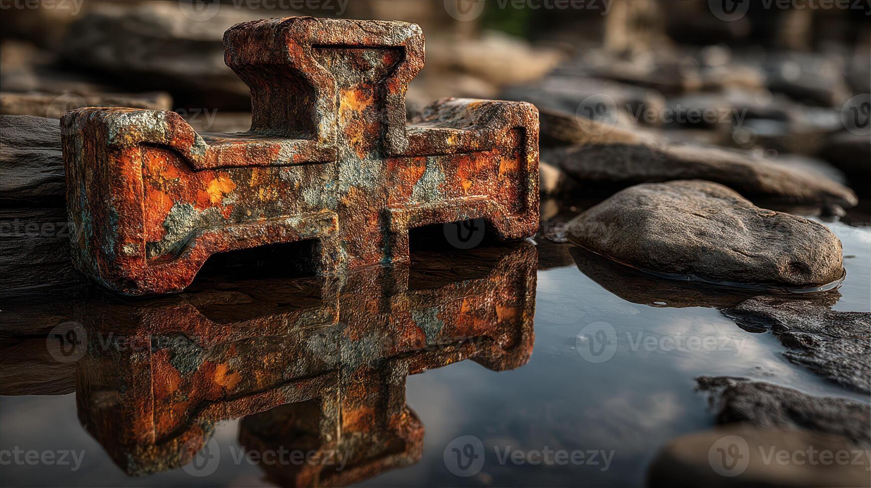 Rusty cross reflection in shallow water on rocky shoreline at sunset with clouds in background photo