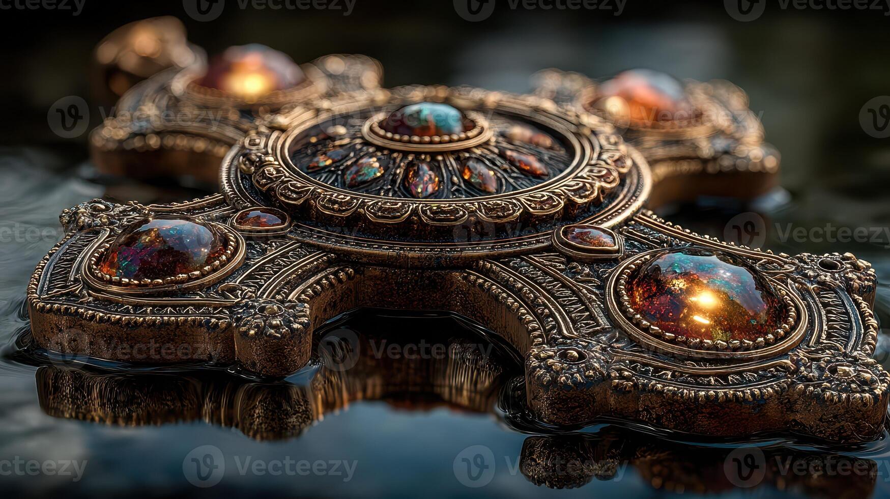 Ornate decorative cross displayed on reflective surface with intricate design and gemstone detailing photo